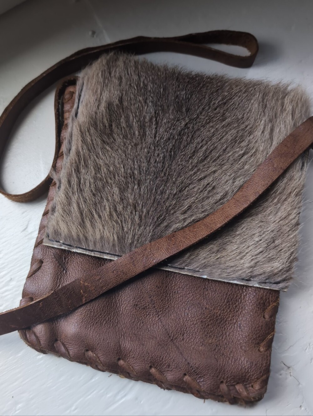 Vintage or handmade hair on hide deerskin (?) real leather crossbody bag